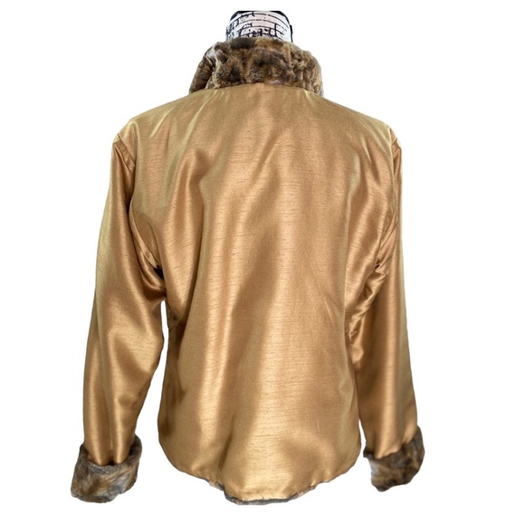 Boutique - Reversible Shantung Taffeta Brilliant Gold Ultra-Soft Faux Fur Coat M - Picture 15 of 16
